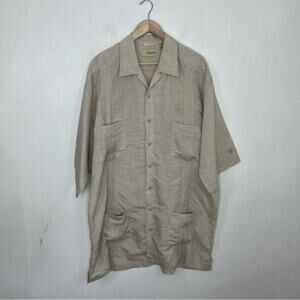 Cubavera Button Up Linen Blend Camp Beige Short Sleeve Quad Pocket Shirt XLT